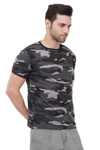 Unisex Military Print Camouflage Black & Grey Round Neck T-Shirt