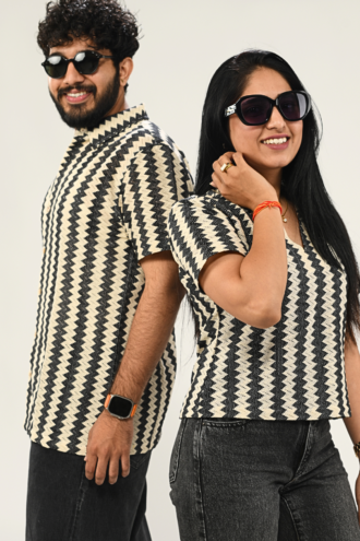 Twinning Weaving Net Black and White Shirt and Crop Top – Set of 2