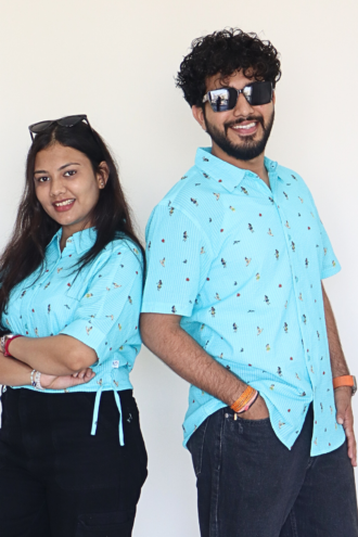 Twinning Seersucker Sky Blue Casual Shirt and Crop Top – Set of 2