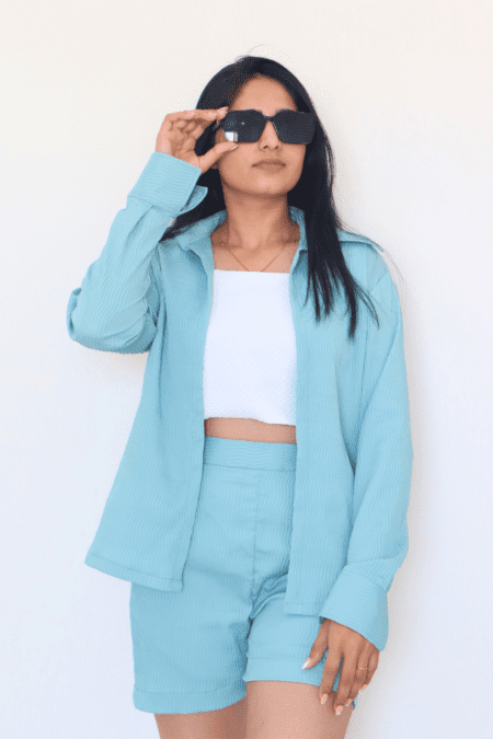 Designer Co Ord Set Crushed Fabric - Aqua Blue
