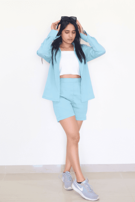 Designer Co Ord Set Crushed Fabric - Aqua Blue - Image 4
