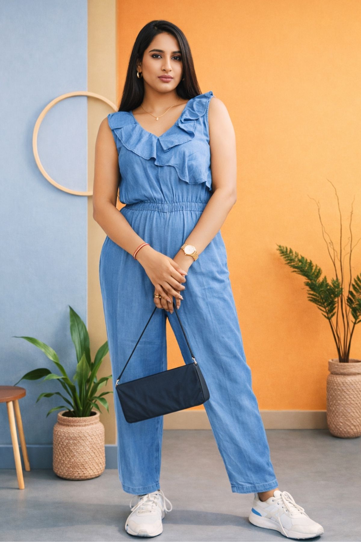 Front and back view of a Saivalya Fashion ice blue ruffled denim jumpsuit with an elasticated waist