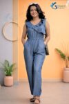 Front and back view of a Saivalya Fashion nevy blue ruffled denim jumpsuit with an elasticated waist