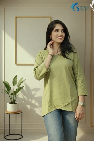 Front and back view of Saivalya Ojasvi Mustard Overlap Tunic featuring a unique tulip-style crossover hem and 3/4 sleeves in organic cotton