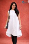 Front and side view of Pure Aura White asymmetric frock featuring a Chinese collar, sleeveless button-down design in organic cotton with comfortable pockets