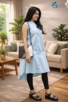 Front and side view of Pure Sky Blue asymmetric frock featuring a Chinese collar and sleeveless button-down design in organic cotton with comfortable pockets