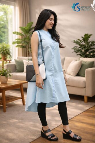 Front and side view of Pure Sky Blue asymmetric frock featuring a Chinese collar and sleeveless button-down design in organic cotton with comfortable pockets