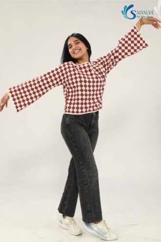 Front and back view of Shatranj Maroon Bell Top featuring a maroon and cream harlequin pattern, dramatic flared bell sleeves, and a boat neck in textured organic fabric